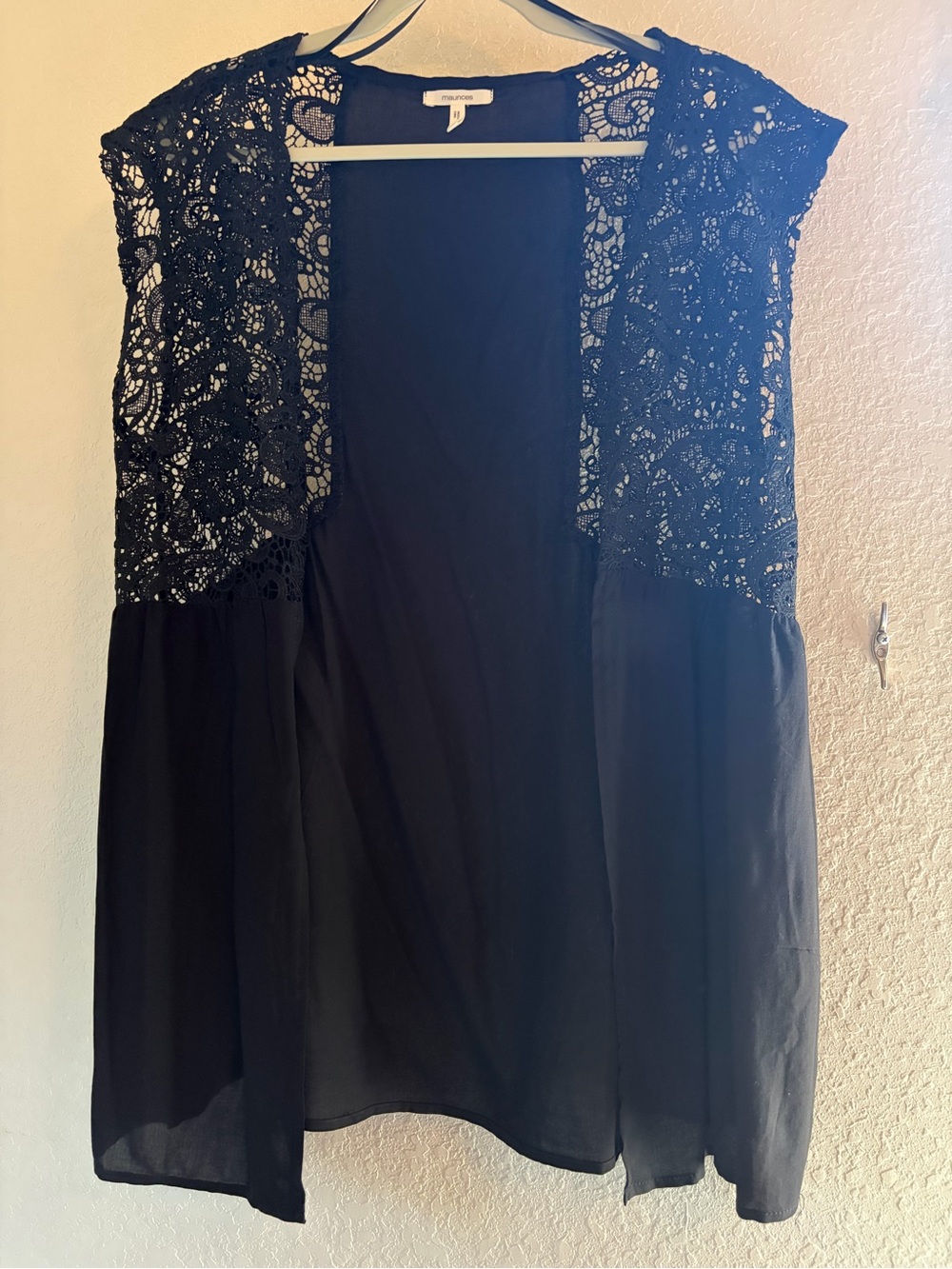 Maurices Black Crochet Lace Open-Front Duster